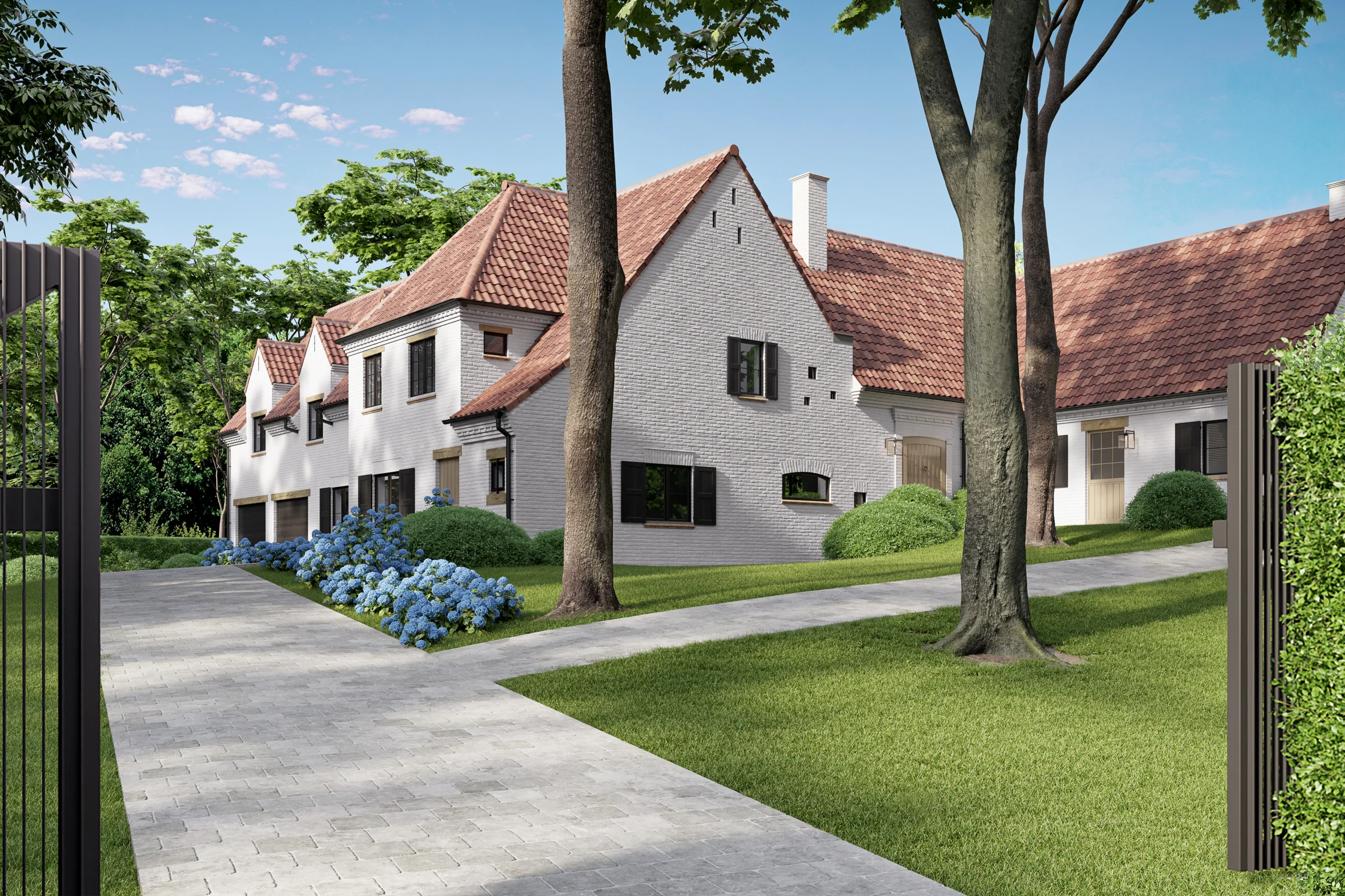 Visualisation 3D d’une villa à Aartselaar avec des façades en brique claire, des tuiles rouges, un jardin et une allée d’accès