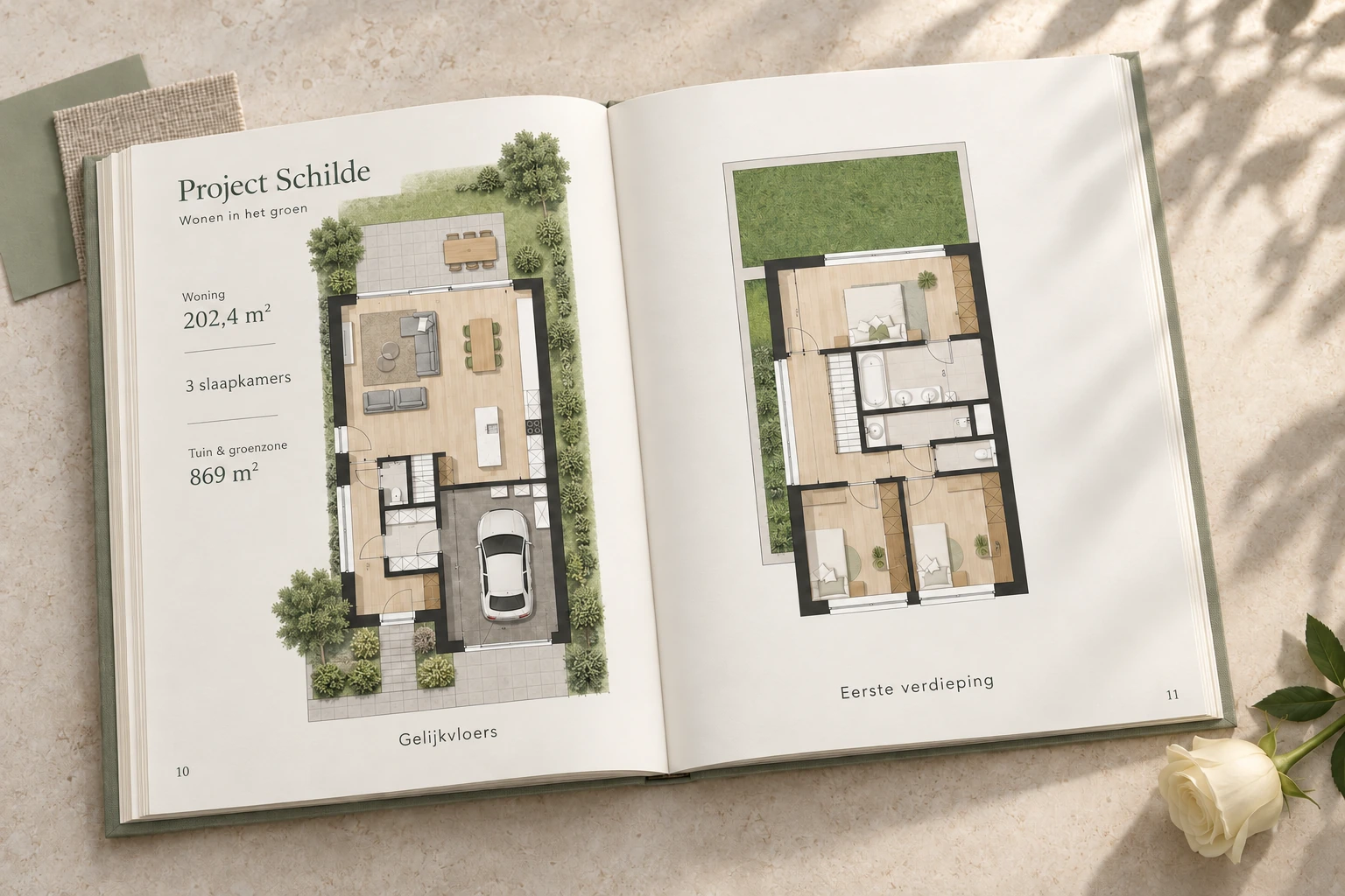 Commerciële woningplannen van Project Schilde in een open boek met zachte schaduwen en groene accenten