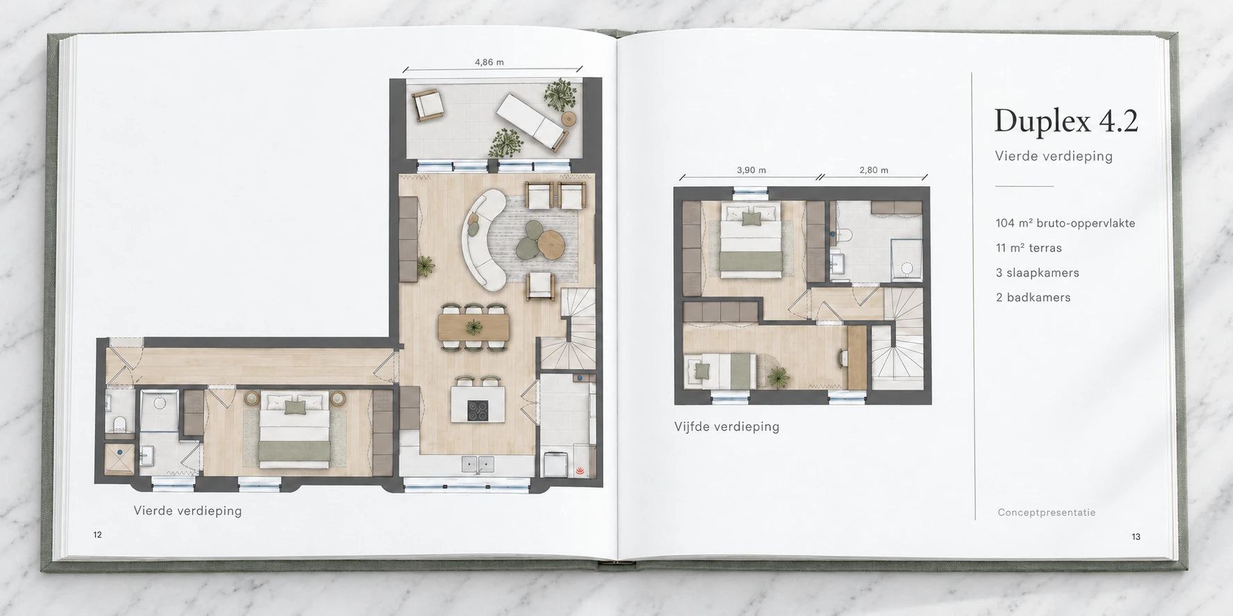 Duplex 4.2 | 2D commercieel verkoopplan in een open boek met twee woonniveaus en woninginformatie