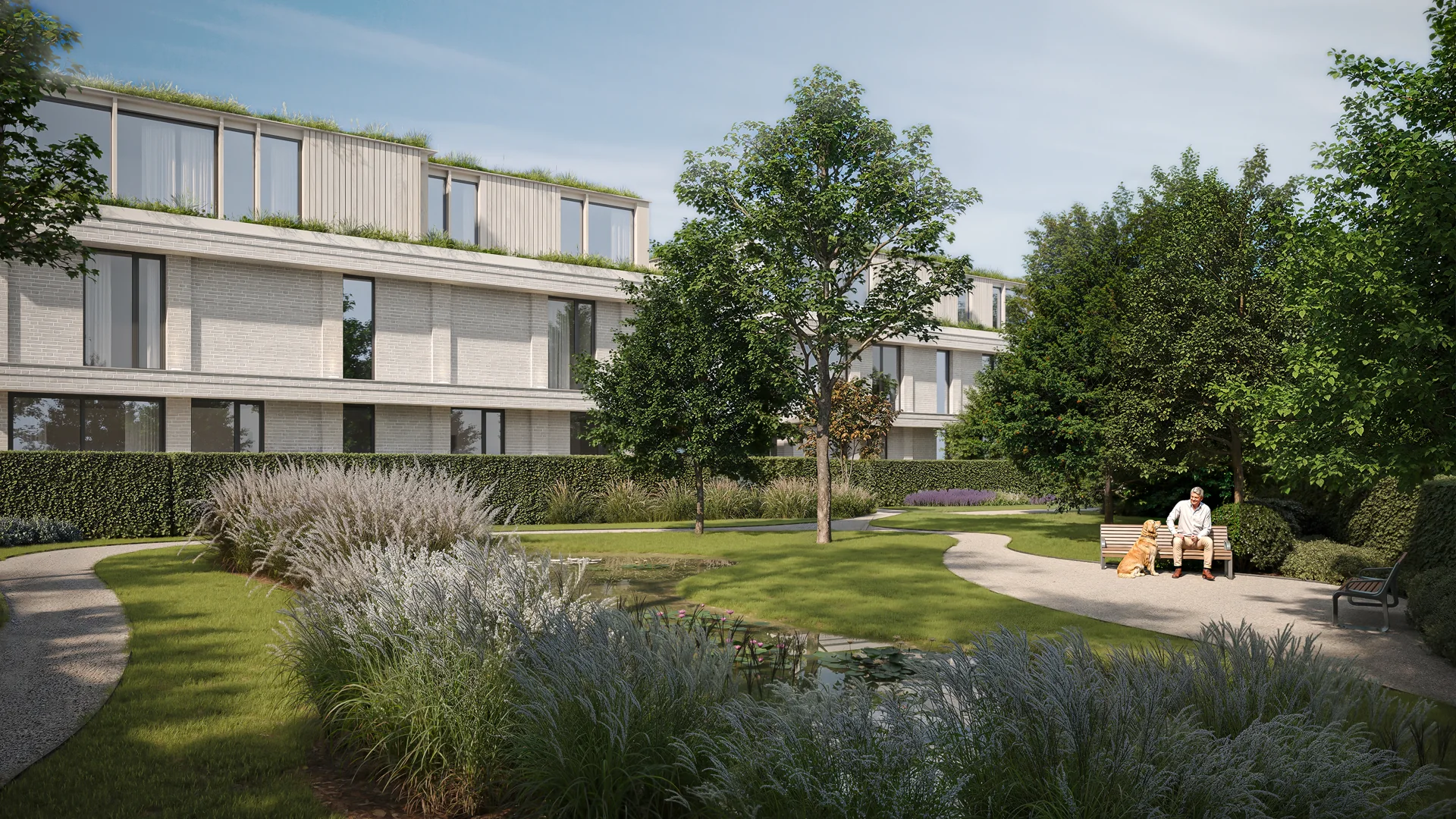3D-visualisatie van een groene binnentuin met wandelpaden en een bewoner bij een residentiële ontwikkeling in Heusden-Zolder