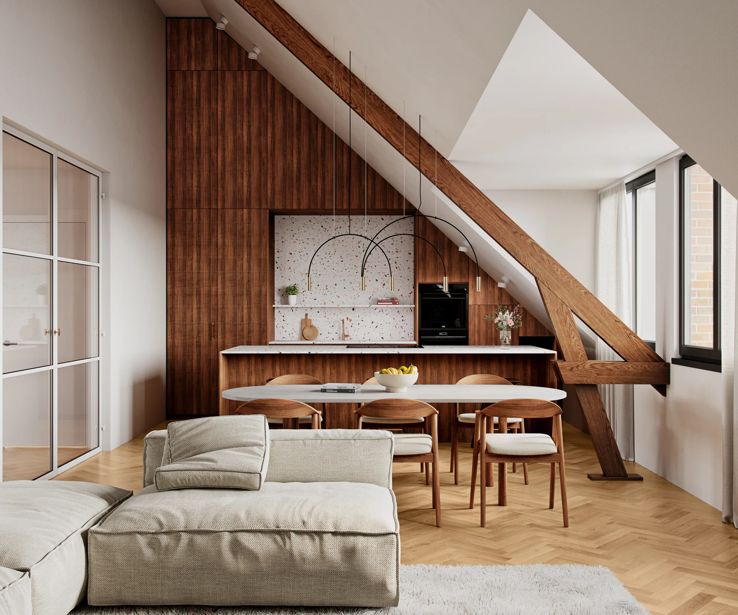 3D-Innenraumvisualisierung einer geplanten Wohnungssanierung in Hove mit offener Dachkonstruktion