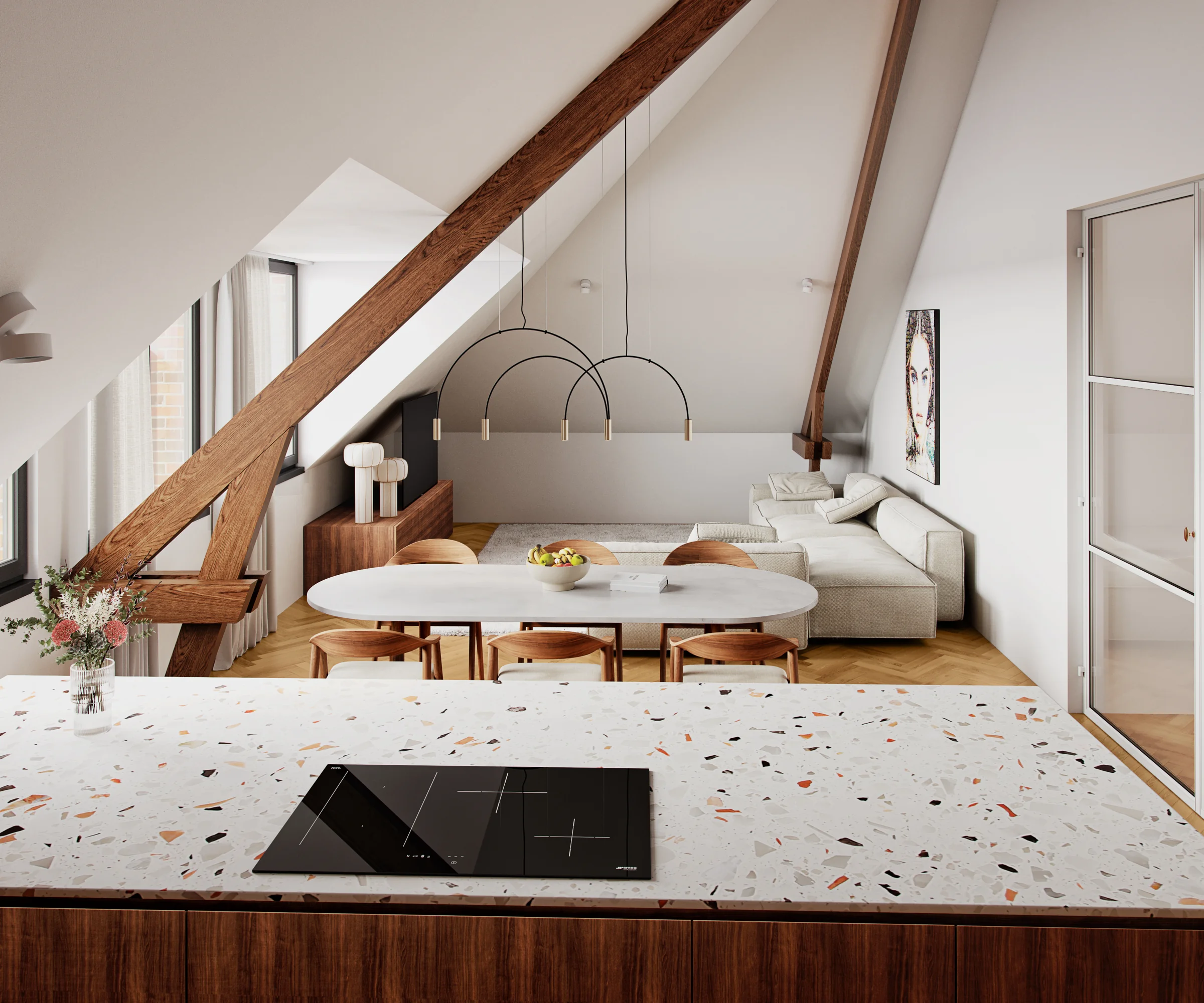 Visualisation 3D d’un séjour à Hove vu depuis la cuisine, avec des poutres apparentes, une table à manger et un espace salon