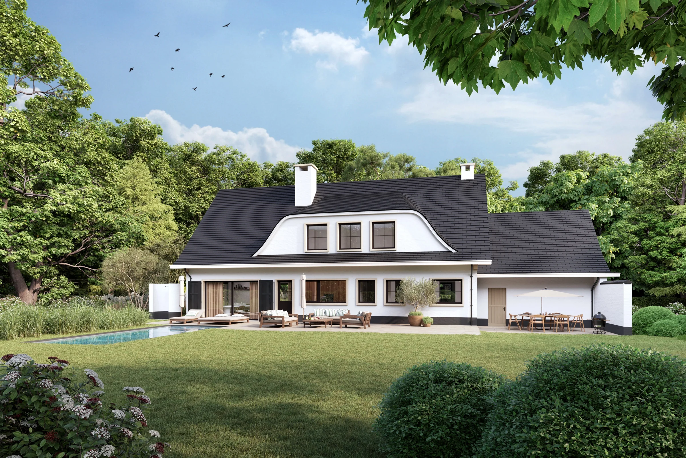 Visualisation 3D du côté jardin d’une maison à Schilde, avec une façade claire, un toit sombre et une terrasse dans un cadre verdoyant