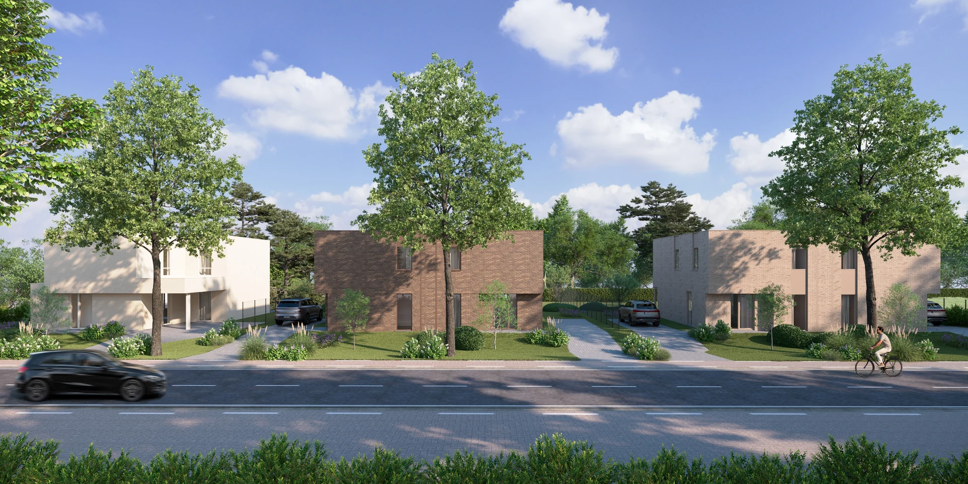 3D exterior visualisation of modern new homes in Zonhoven, with brick facades, trees, front gardens and a street in the foreground.